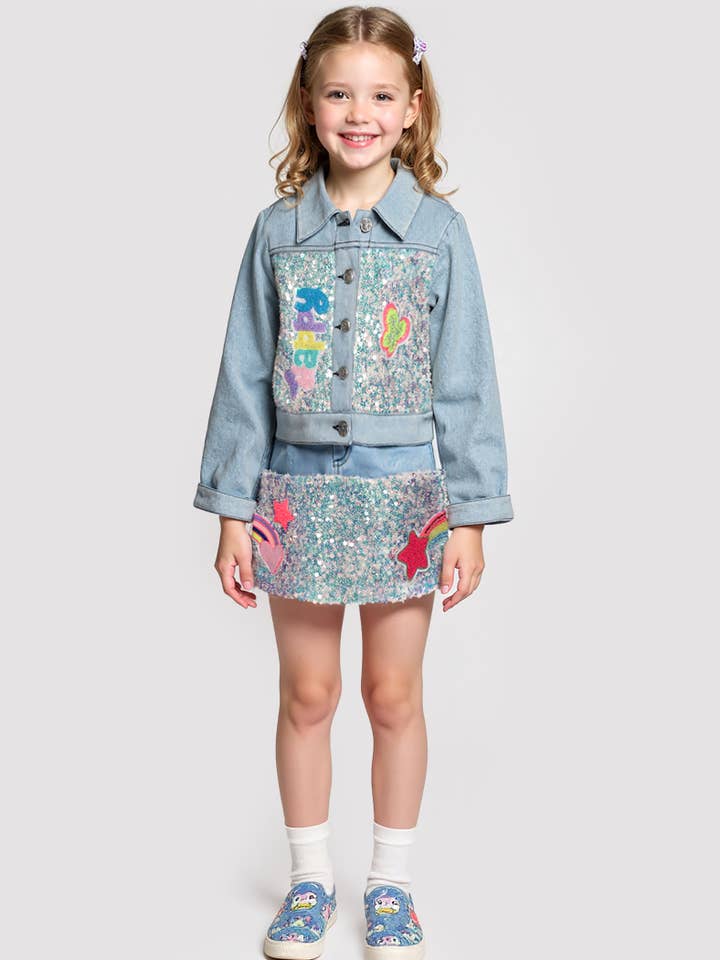 DENIM AND SEQUIN JACKET W/ PATCH TRIMS for wholesale by Hannah Banana , Baby Sara