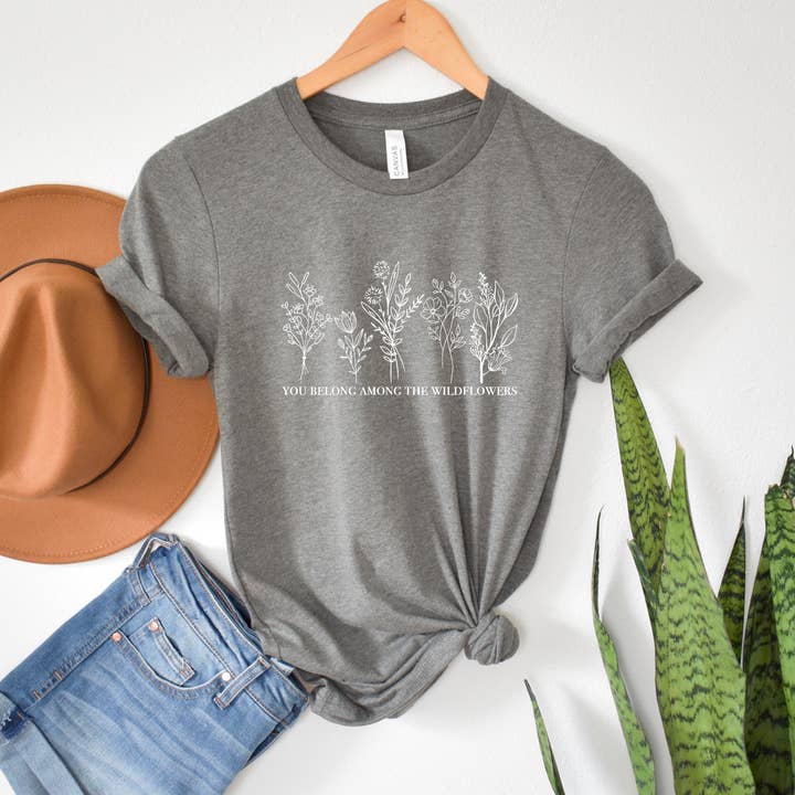 Among the Wildflowers - Gray Bella Canvas Tee for wholesale by Bakers and Burgers