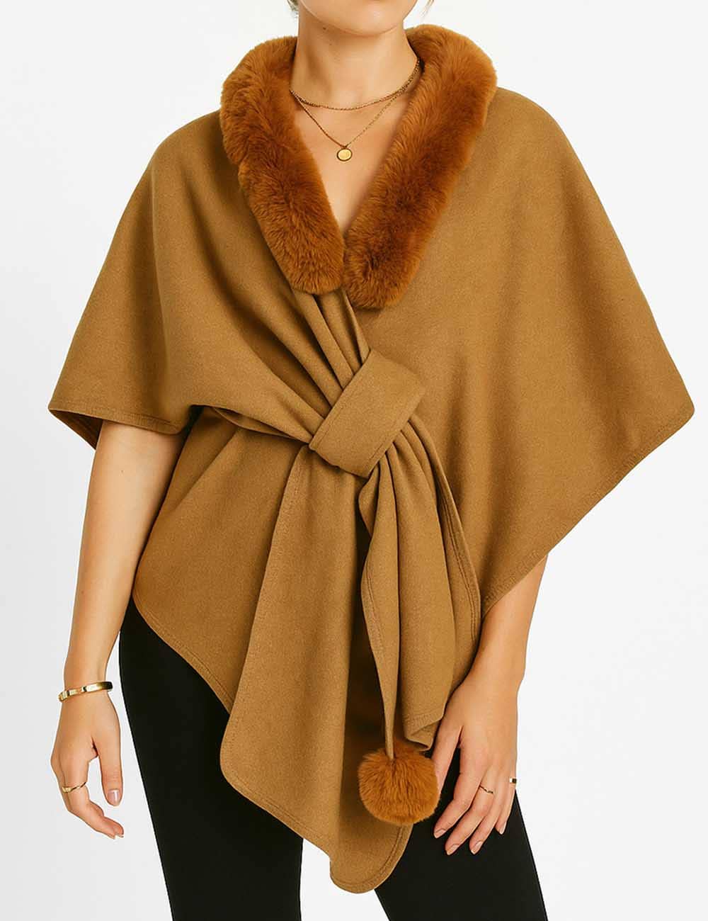 Sweetkama - Wholesale Cape - Women's - Ladies Faux Fur Collar Wool Blend Cape Cardigan Coat0