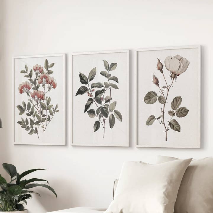 Conjunto de 3 pósters florales. Arte de pared vintage de rosa. para venta al por mayor de PrintSets.com