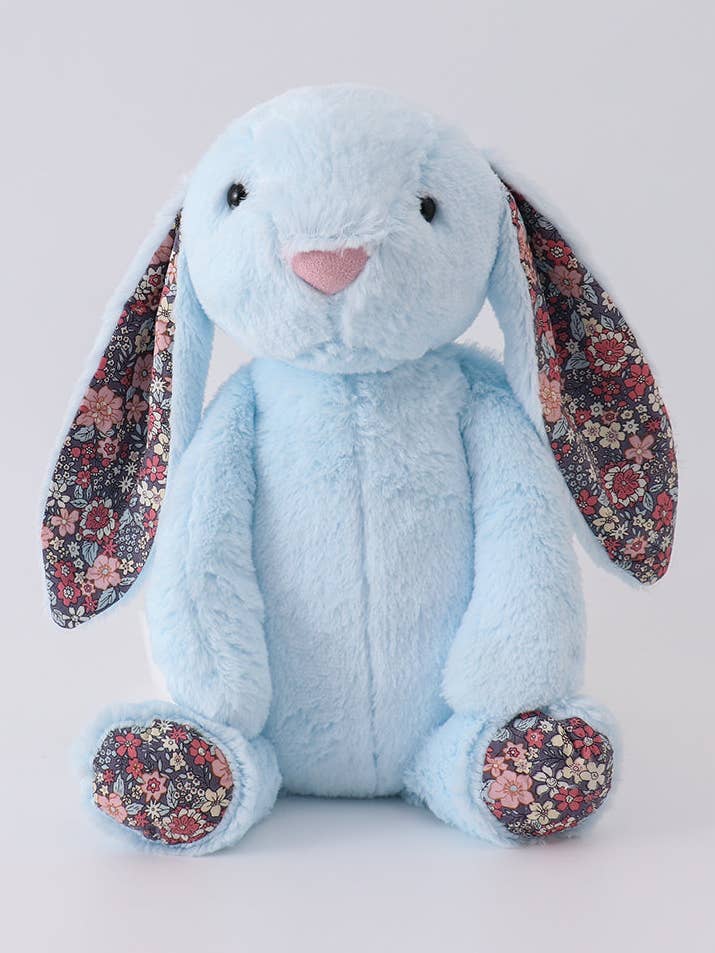 Blue floral plush bunny for wholesale by Aspen Rain Boutique