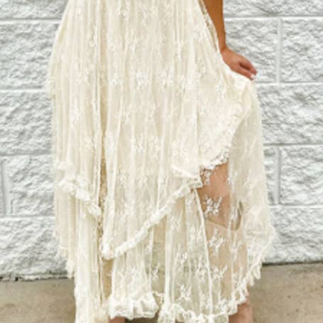 Beige Lace Cascading Tiered High Waist Maxi Skirt for wholesale by Prestige Boutique
