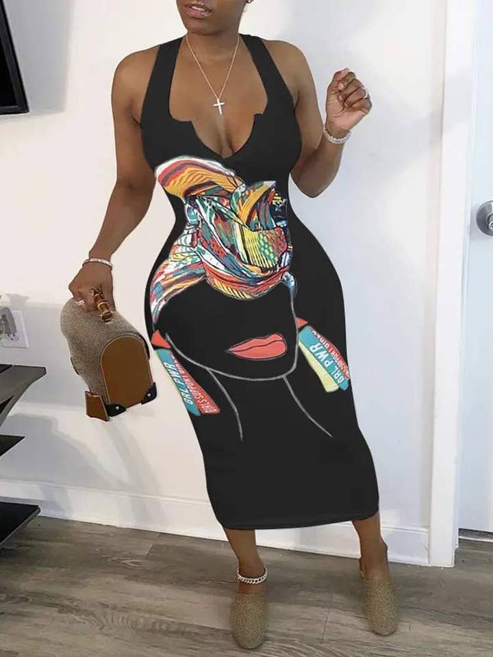 Fashion Combination - Wholesale Dress - Women's - figure print plunge thick strap midi dress