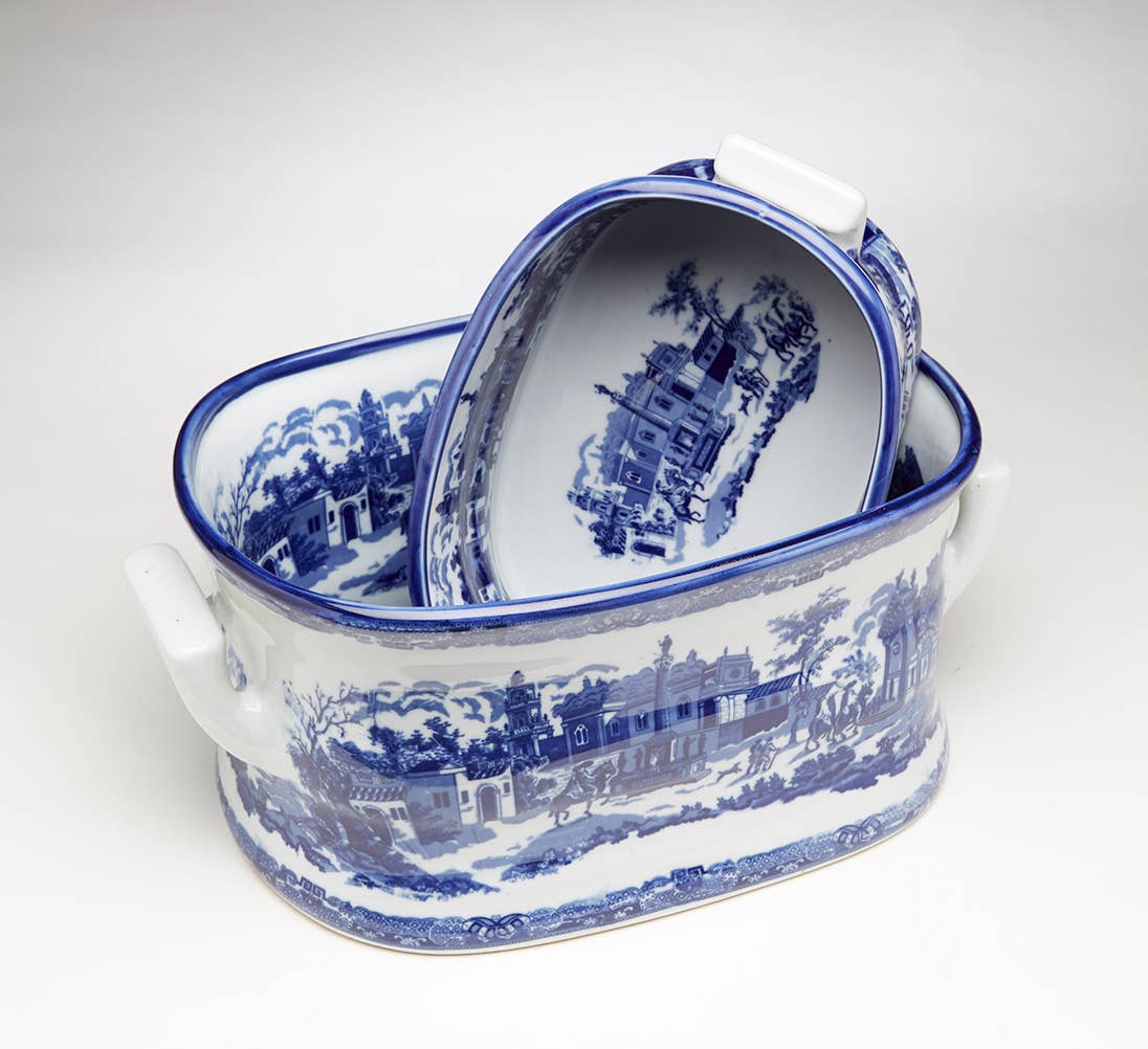 AA Importing - Vente Pot - Ensemble de 2 jardinières scène de village italien bleu et blanc3