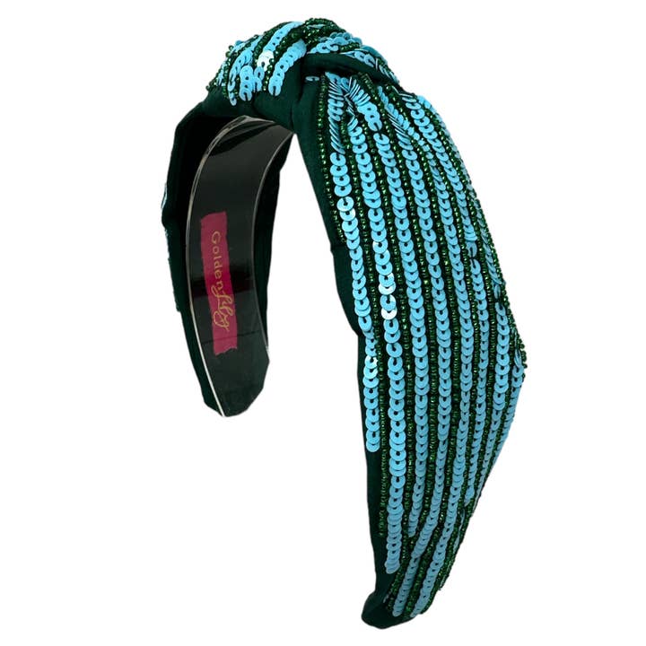 Headband Knot - Sequin Stripe - Green and Columbia Blue for wholesale by Golden Lily