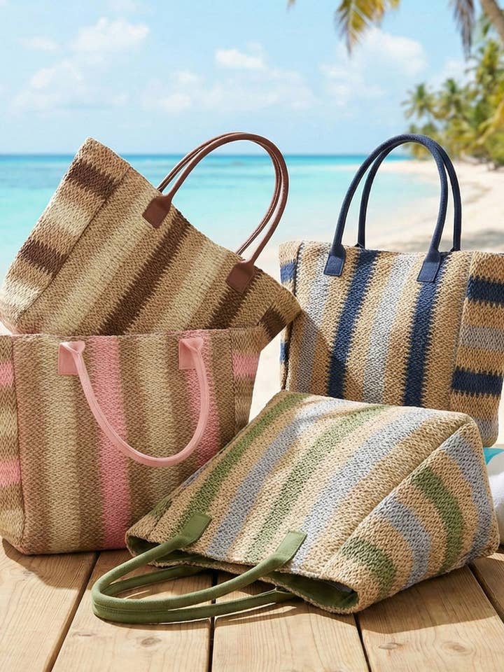 Saco de Palha Natural Castanho com Padrão de Risca Multicolorida por atacado de Hana