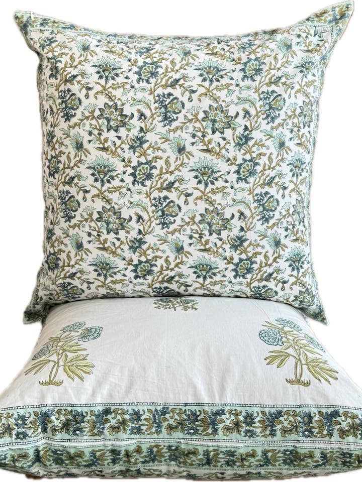 Set of 2 Block Printed Cushion Covers Green on Off White for wholesale by Traditional Trinkets & Textiles