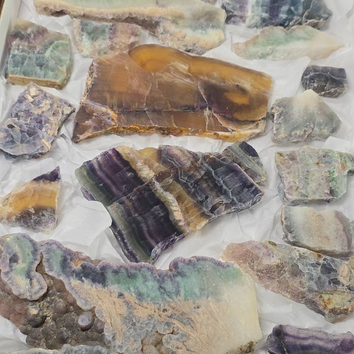 19pcs Fluorite Slabs ~ Polished Crystals ~ Mineral Shop for wholesale by Aquamarine Daydream Wholesale