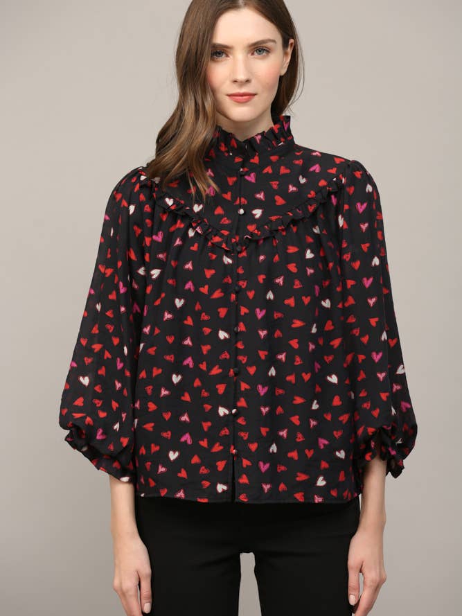 HEART PRINT RUFFLE YOKE DETAIL BUBBLE SLV BLOUSE FT20290 for wholesale by FATE