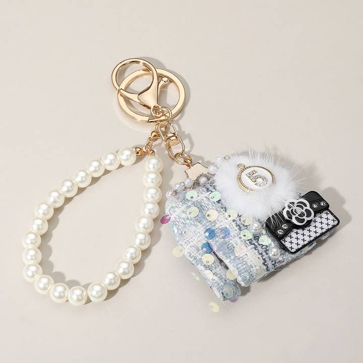 Sensibling Corp. - Wholesale Keychain – Women's - Sequin Beaded Pom Handbag Tweed Jacket Pearl Bag Charm3