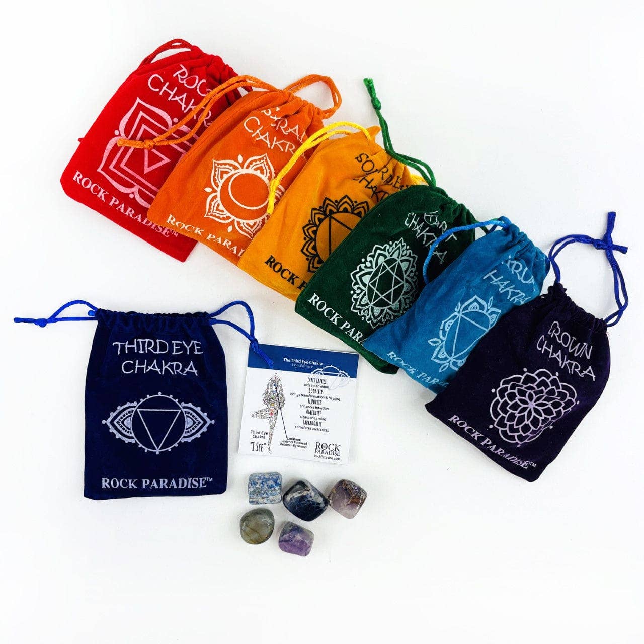Rock Paradise - Wholesale Spiritual Stone/Crystal - Crystal Chakra Plush Pouch with Info Card & Tumbled Stones8
