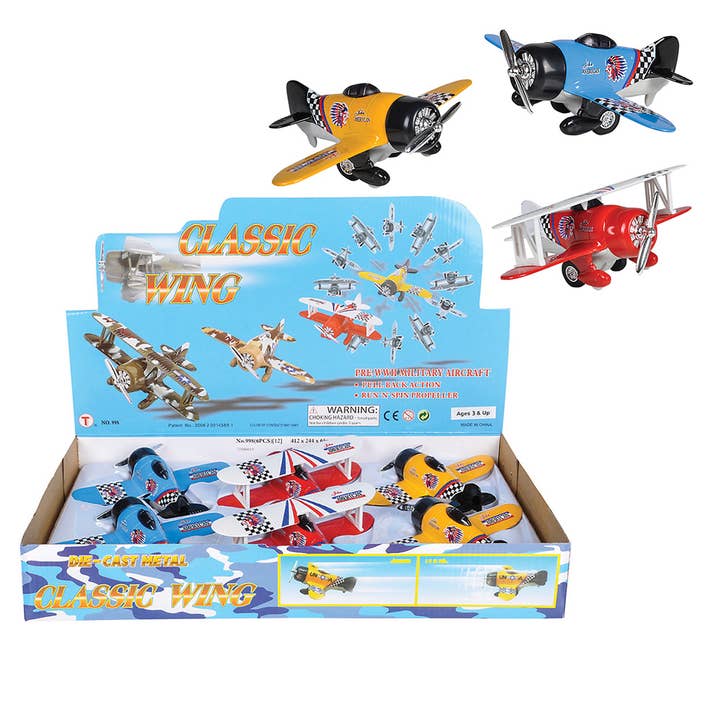 The Toy Network - Wholesale Toy Plane - Kids - 6.5" Diecast Pull Back Classic Wing Airplane