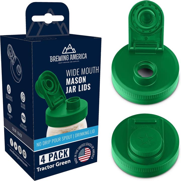 Mason Jar Lids Wide Mouth Plastic 4 Pack Leak Proof with Flip Cap Pouring Spout & Drink Hole - Tractor Green for wholesale by Brewing America
