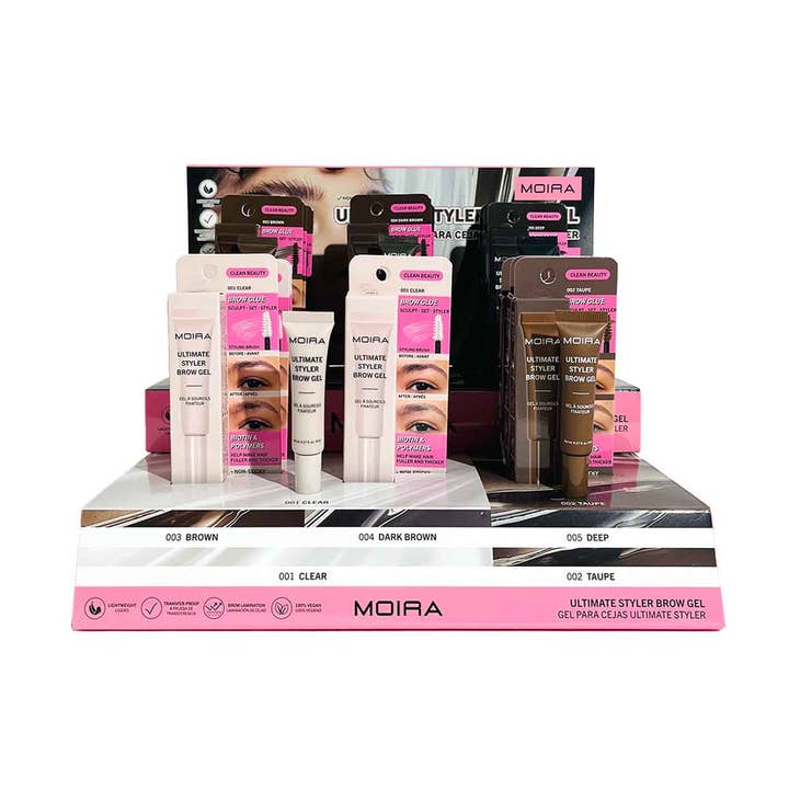 Moira Makeup Display Ultimate Styler Brow Gel (001-005) 24pc for wholesale by Moira Cosmetics