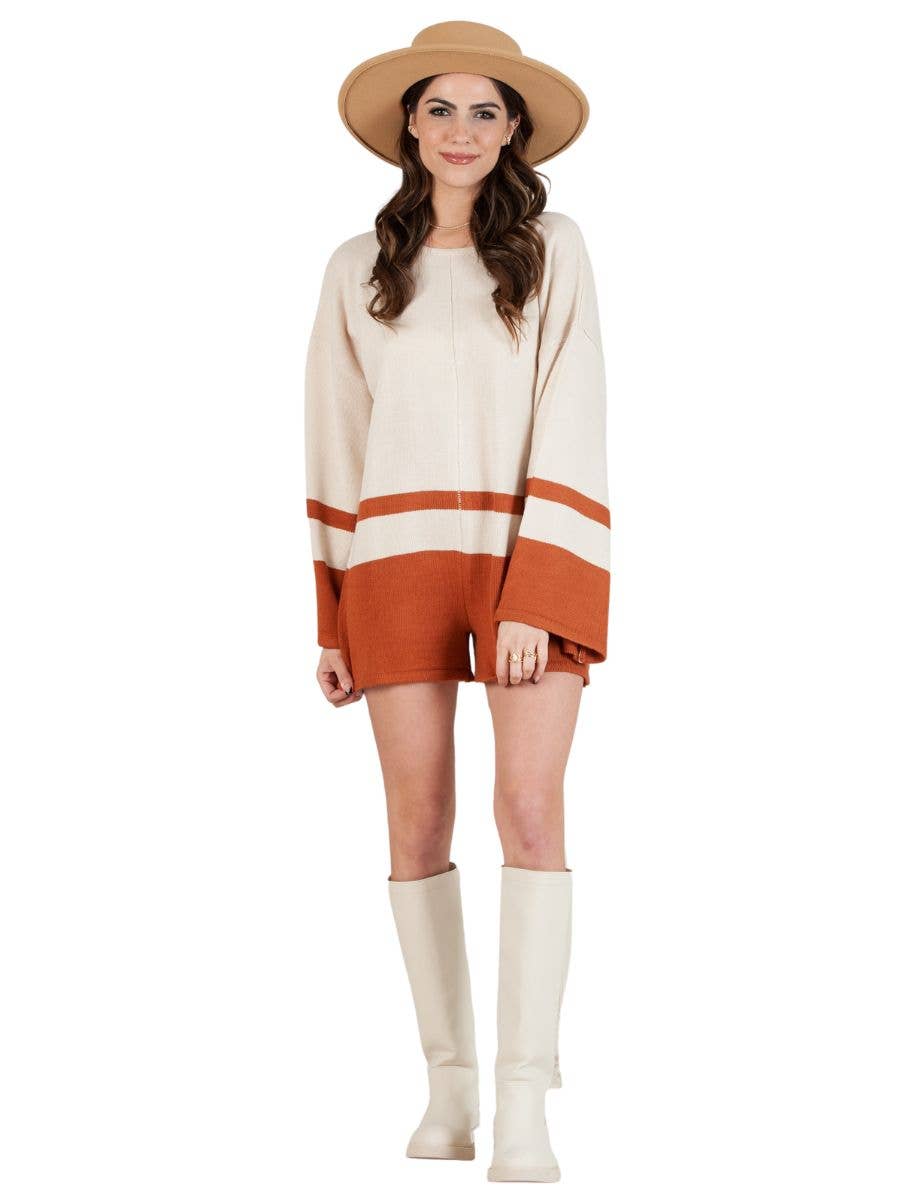 Lucca Couture - Wholesale Romper - Women's - Long Sleeve Sweater KNIT ROMPER-IVORY/RUST0