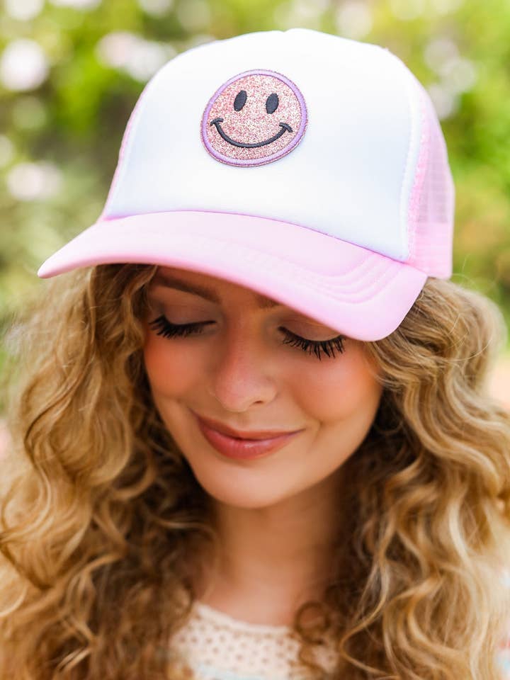 Baby Pink Glitter Smiley Face Mesh Trucker Hat for wholesale by Promenade