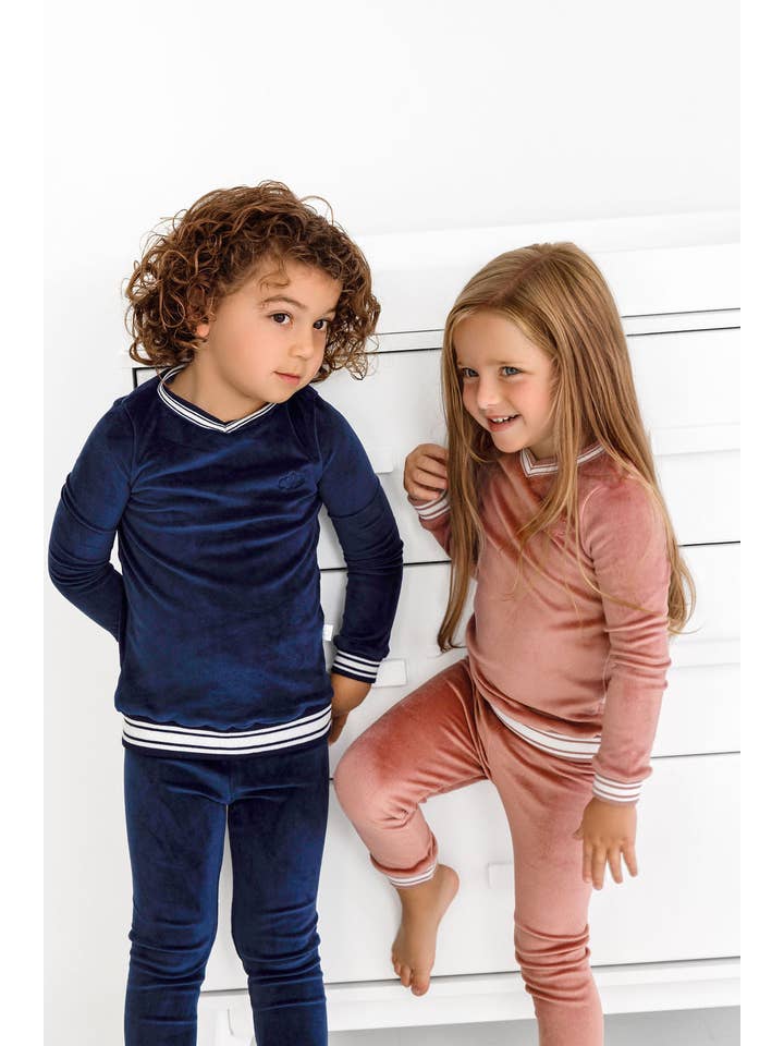 Pouf - Wholesale Sleepwear Set - Kids - Velour Varsity PJ- Dusty Rose