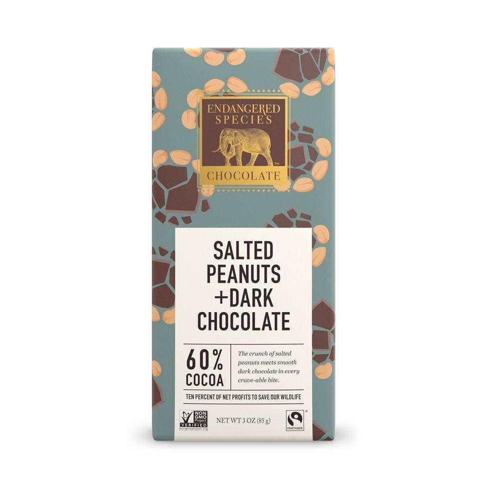 KeHE Distributors, LLC - Wholesale Chocolate Covered Sweets - Endangered Species Chocolate, Salted Peanuts + Dark Chocolate, 60% Cocoa, 3 oz (Pack of 12)0
