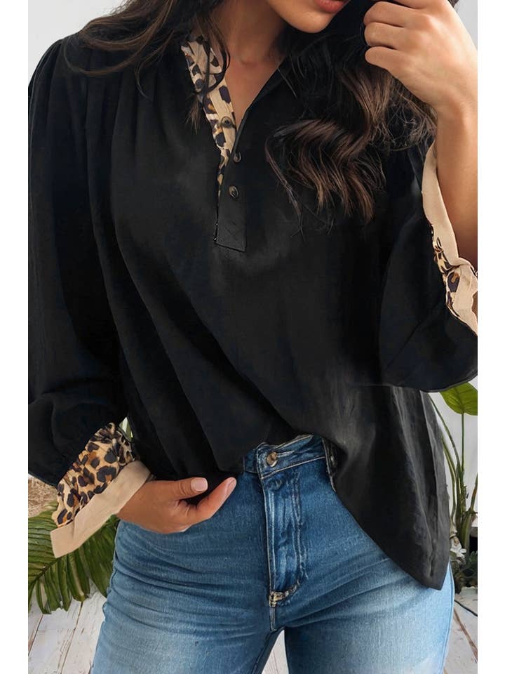 Black Leopard Contrast Patchwork Ruffled Long Sleeve Blouse (S-XL) for wholesale on Faire0