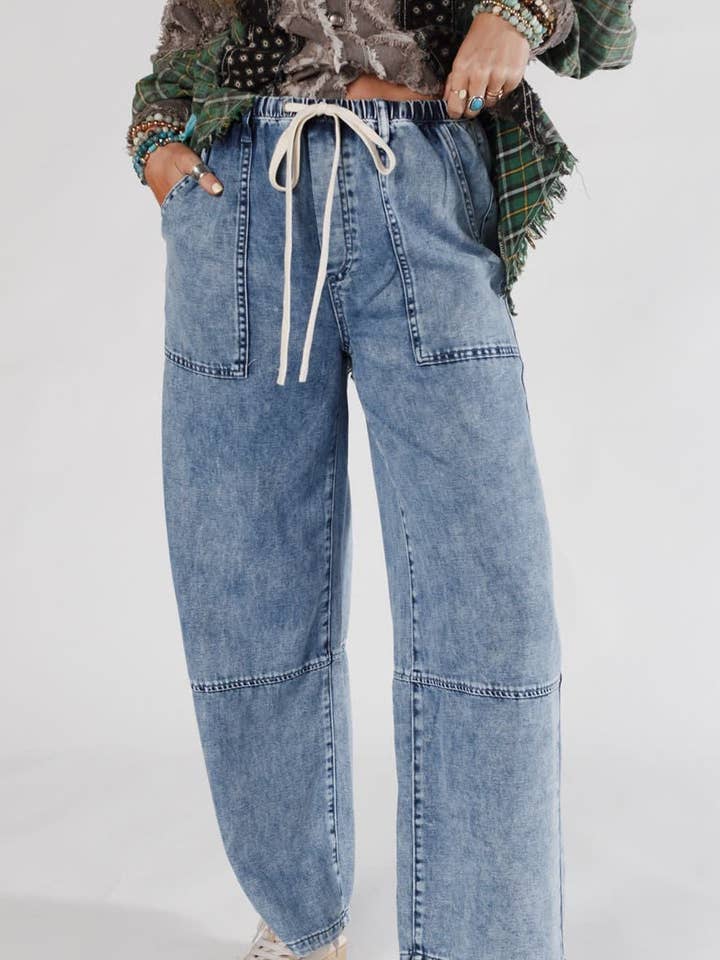 Ashleigh Blue Acid Wash Exposed Seam Drawstring Elastic Waistband Jeans for wholesale by Lovesoft