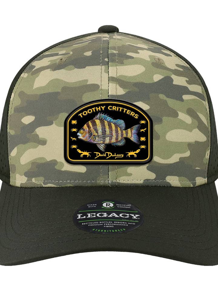 Sheepshead Toothy Critters Performance Dark Olive Green Camo Hat for wholesale by David Dunleavy