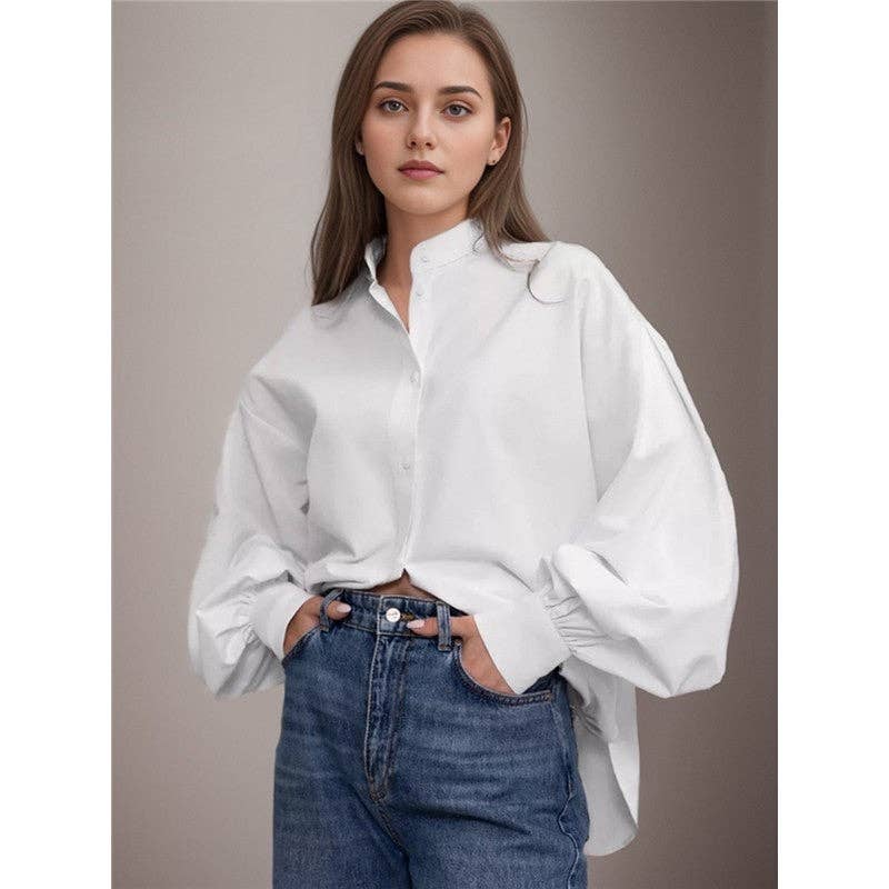ShieldChic - Wholesale Button Down Shirt - Women's - Solid Color Lapel Single Breasted Lantern Sleeves Blouse2