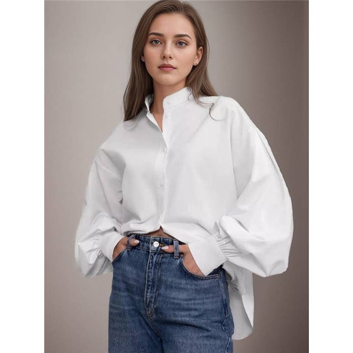 ShieldChic - Wholesale Button Down Shirt - Women's - Solid Color Lapel Single Breasted Lantern Sleeves Blouse2