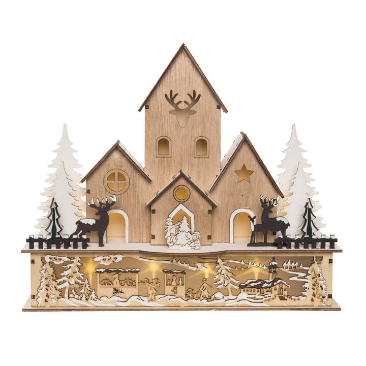 Transpac - Wholesale Christmas Decoration - CLOSEOUT Wood 12" Christmas Laser Cut Lodge Scene