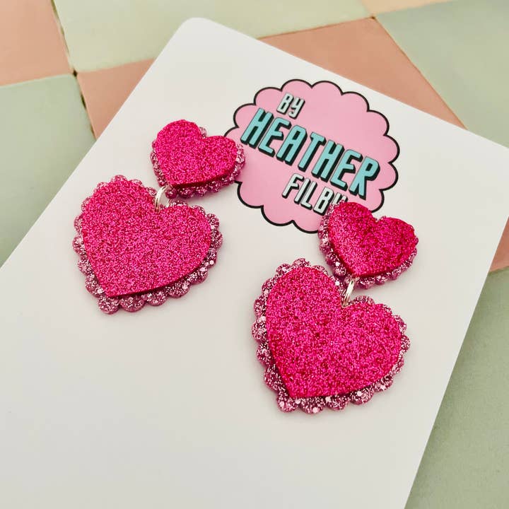 By Heather Filby - Wholesale Dangle Earrings - Frilly Double Heart Glitter Resin Earrings (More Colours)3