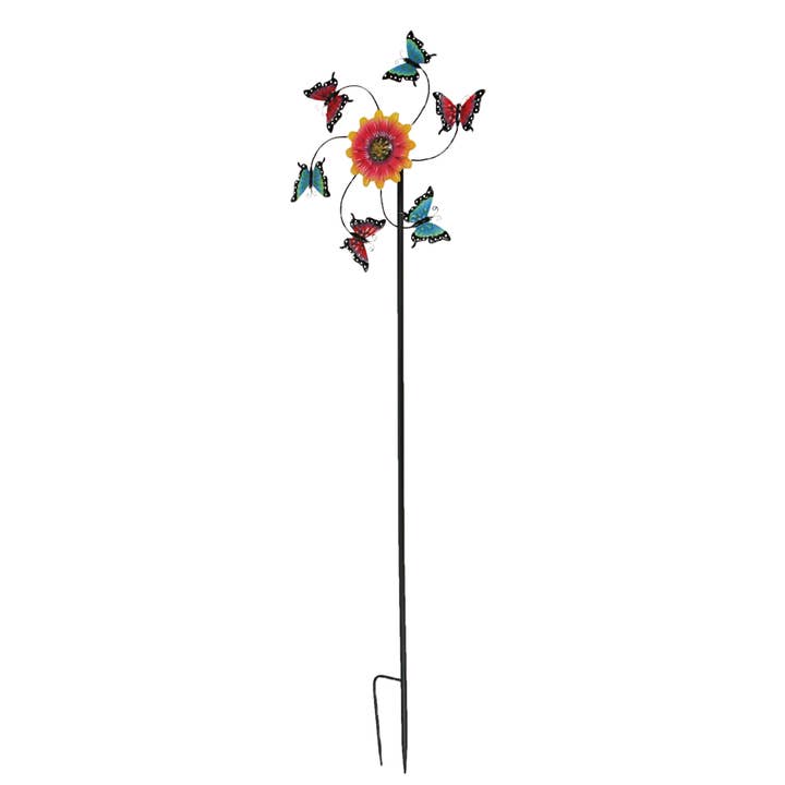 Zeckos – wholesale Garden/lawn stake – Butterfly and Flower Kinetic Metal Garden Stake 71 Inches