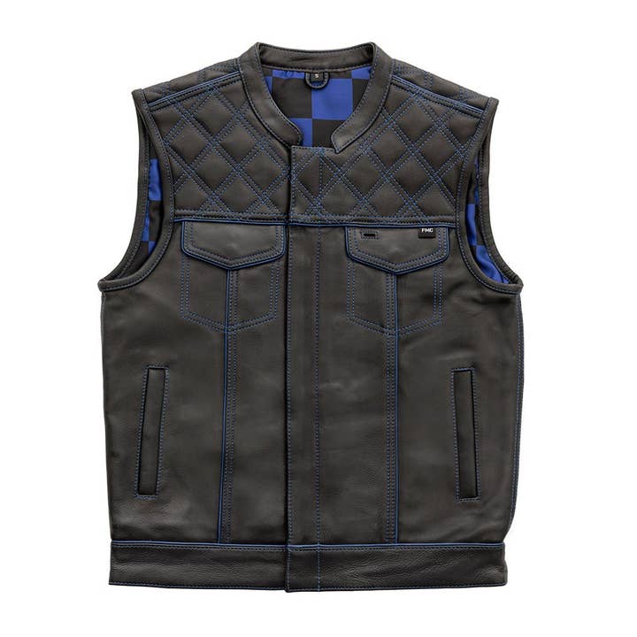 Finish Line - Blue Checker - Men's Motorcycle Leather Vest for wholesale by USA Leather Shop
