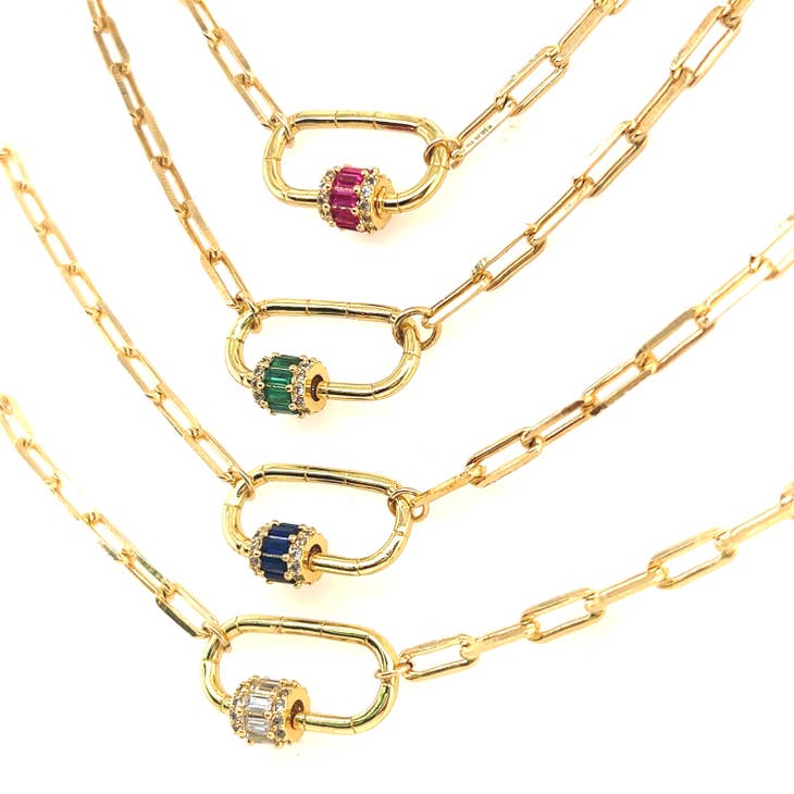 Gold CZ Carabiner Necklace-Rolo Chain-CZ Charms-Pearl Heart Charm 16