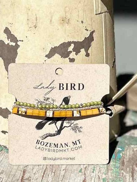 Sunflower & White Patterned Tila Bead Stacked Bracelet Set for wholesale by Lady Bird Market