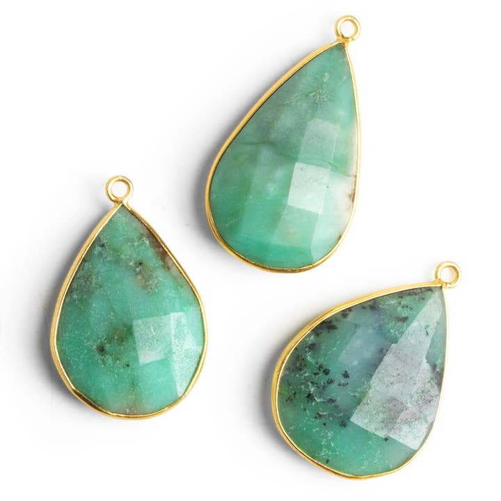 30x18mm Vermeil Bezeled Chrysoprase Pear Pendant for wholesale by The Bead Traders