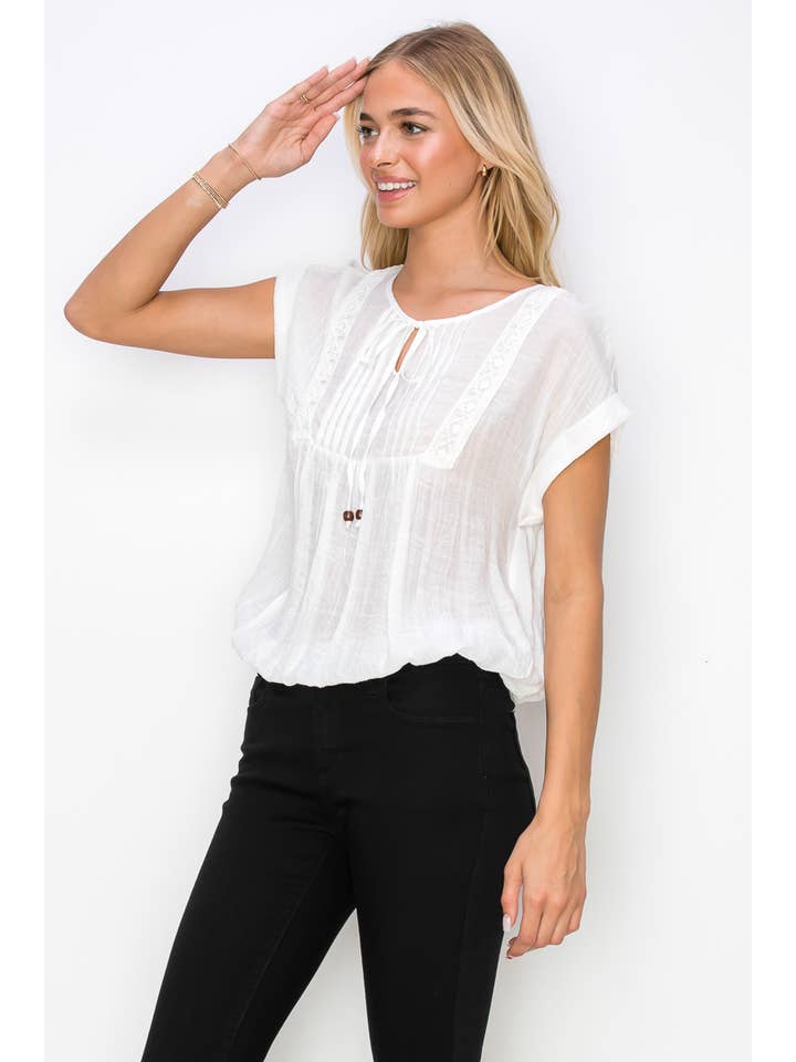 Ivory Keyhole Tie Neck Pintuck Front Peasant Blouse for wholesale on Faire