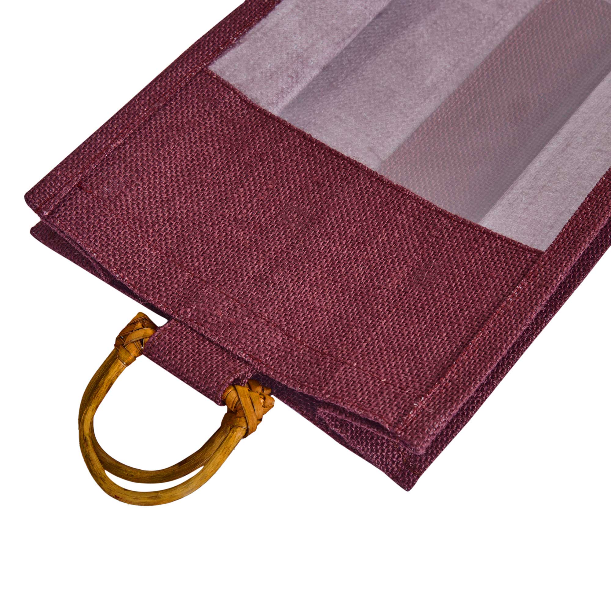 ecojutebags – wholesale Wine gift bag – 6-Pack Burlap Wine Bags with Cane Handle & Clear PVC Window5