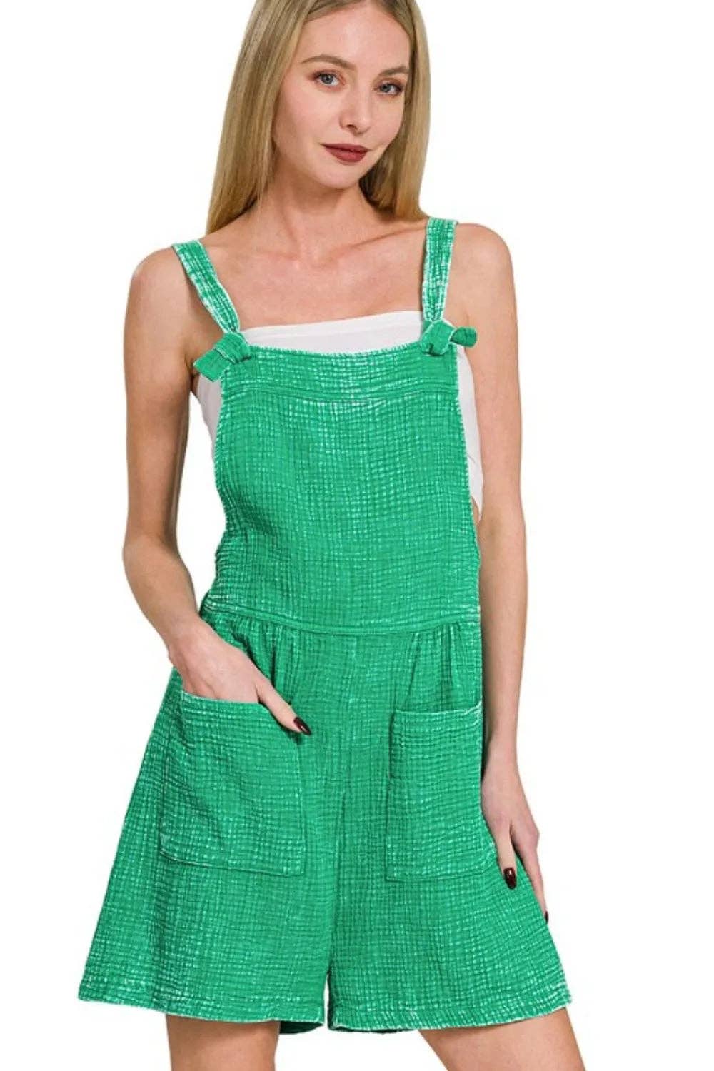 K GREEN Zenana Woven Double Gauze Acid Washed Romper for wholesale on Faire0
