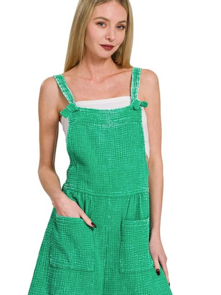 K GREEN Zenana Woven Double Gauze Acid Washed Romper for wholesale on Faire0