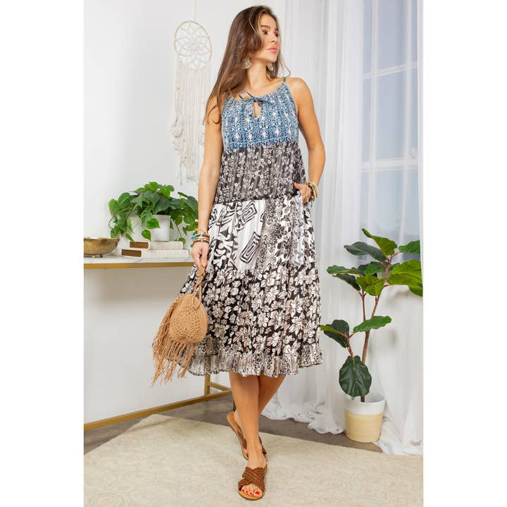 Black White Western Charm With Aari Embroidered And Patchwork Dress for wholesale on Faire