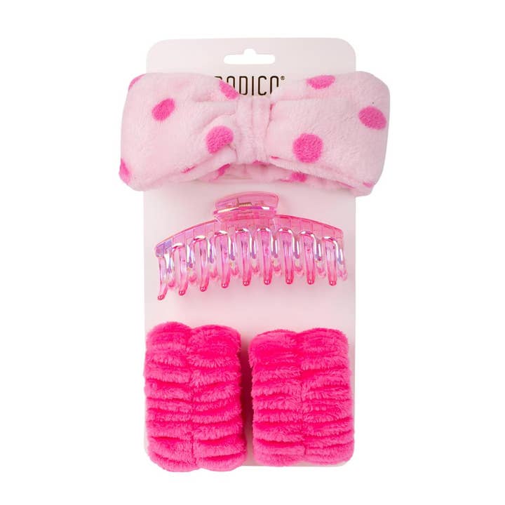 Bodico - Wholesale Spa Headband - Bodico, 4pc Spa Set, pink, headband/claw clip/wristband