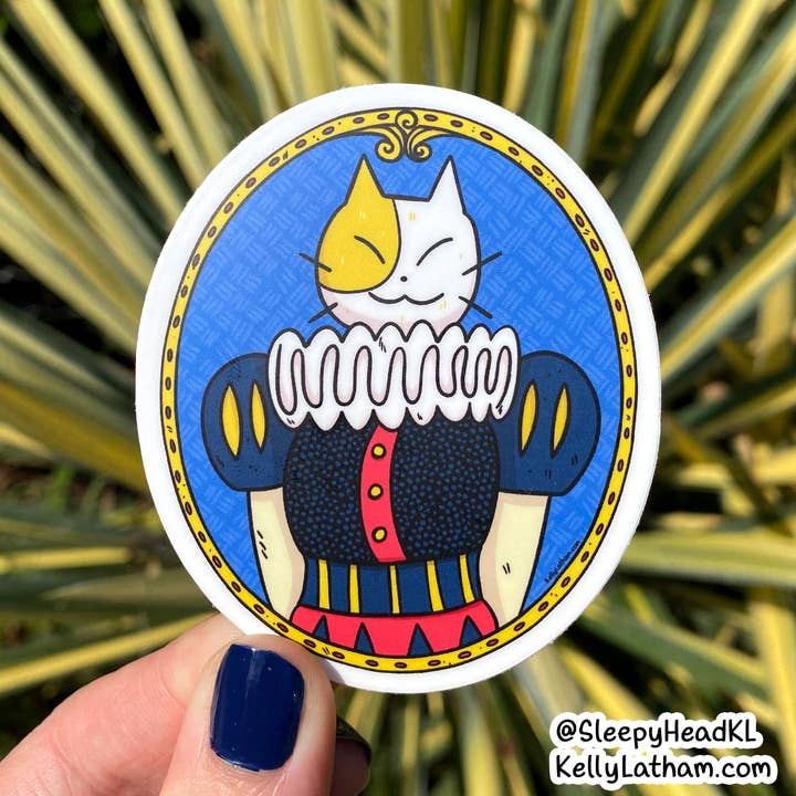 Fancy Shakespeare Cat, adesivo in vinile impermeabile, carino per la vendita all'ingrosso da parte di Kelly Latham Art