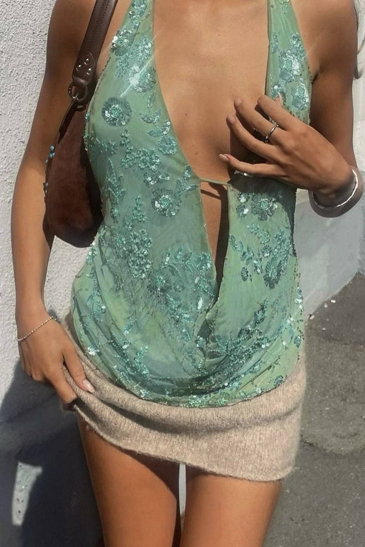 Rosa Clothing - Wholesale Tank Top - Women's - Chic Floral Sequined embroidered halter low-cut tank top7