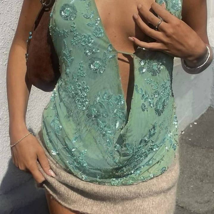 Rosa Clothing - Wholesale Tank Top - Women's - Chic Floral Sequined embroidered halter low-cut tank top7