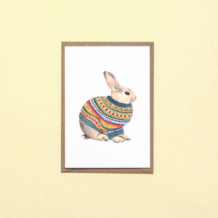 Fair Isle Bunny card for wholesale by Cathryn Worrell Art and Illustration