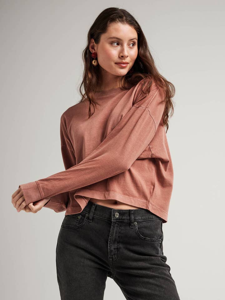 Womens Relaxed Crop Long Sleeve Tee - Pigment Dye Jersey - Russet for wholesale by Andie Swim