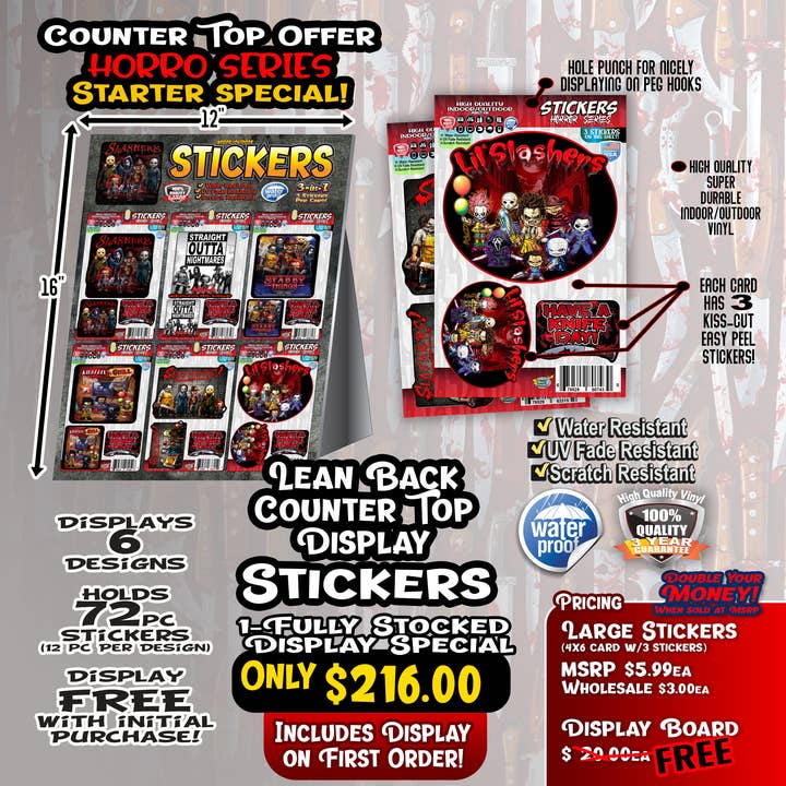 Count Top Display - Horror Slasher Stickers X 6Designs for wholesale by SquatchSwag