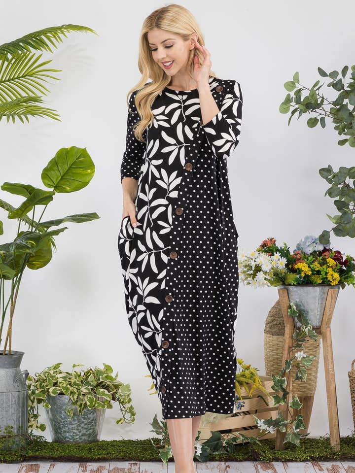 Vestido midi con estampado floral y lunares en contraste -CD43837C para venta al por mayor de ClickPuff