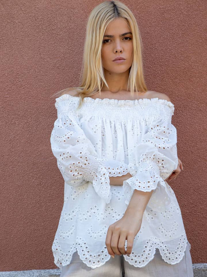 Portofino off-the-shoulder broderie anglaise cotton top for wholesale by Truly Linen