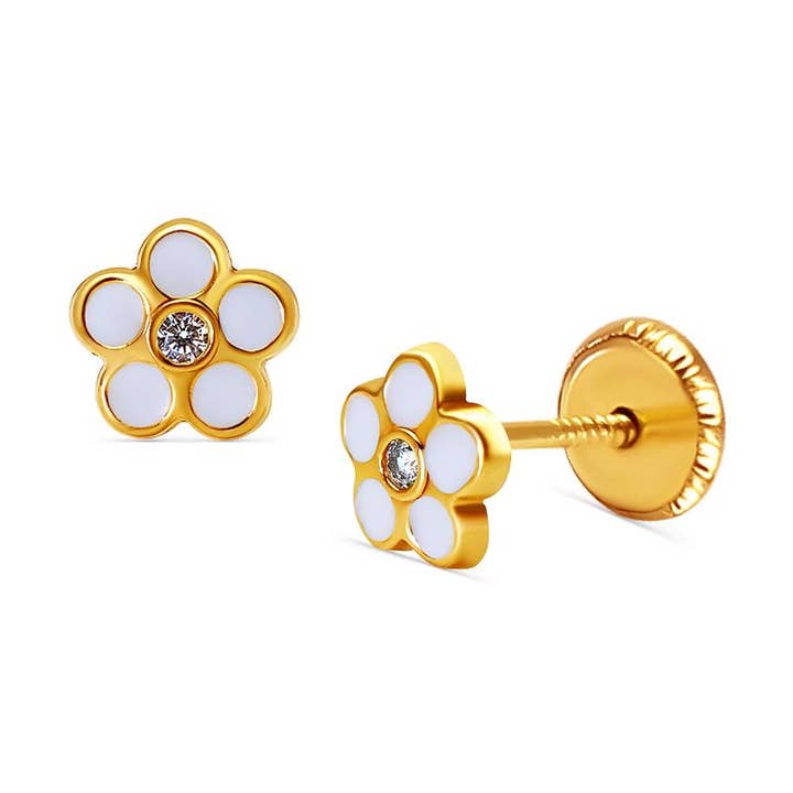 Boucles d'oreilles en or 14 carats BecKids en marguerite blanche étincelante pour la vente par Barrocos