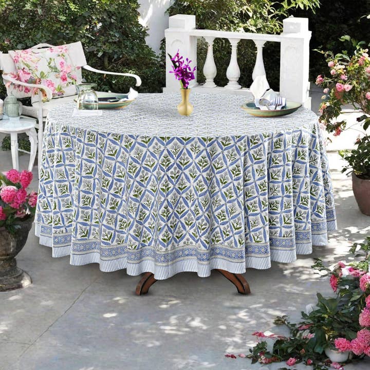 Light Steel Blue Indian Hand Block Print Round Tablecloth for wholesale by Fabricrush